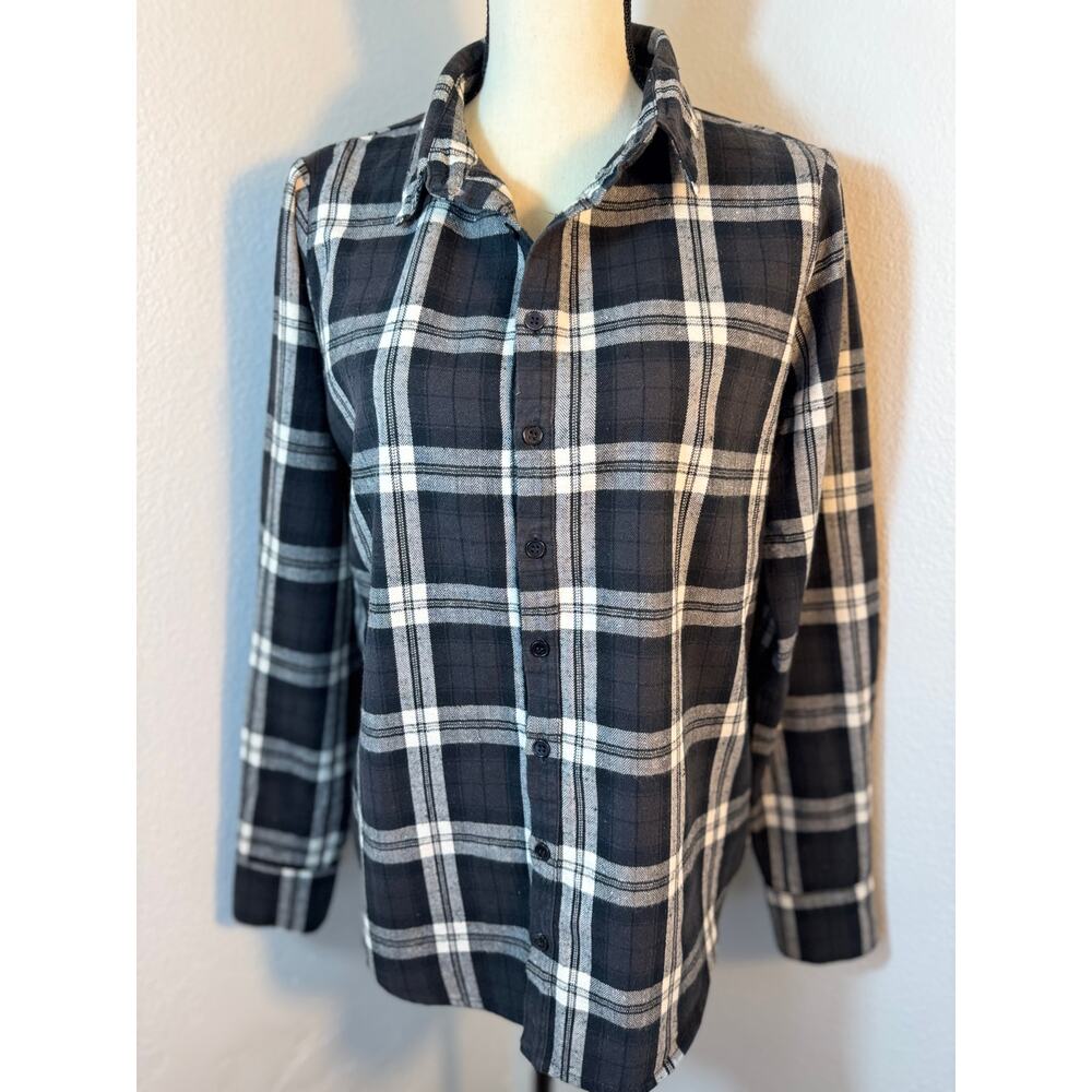 CP Shades Black White Plaid Flannel Top Button Up Check Shirt Cotton Blouse S